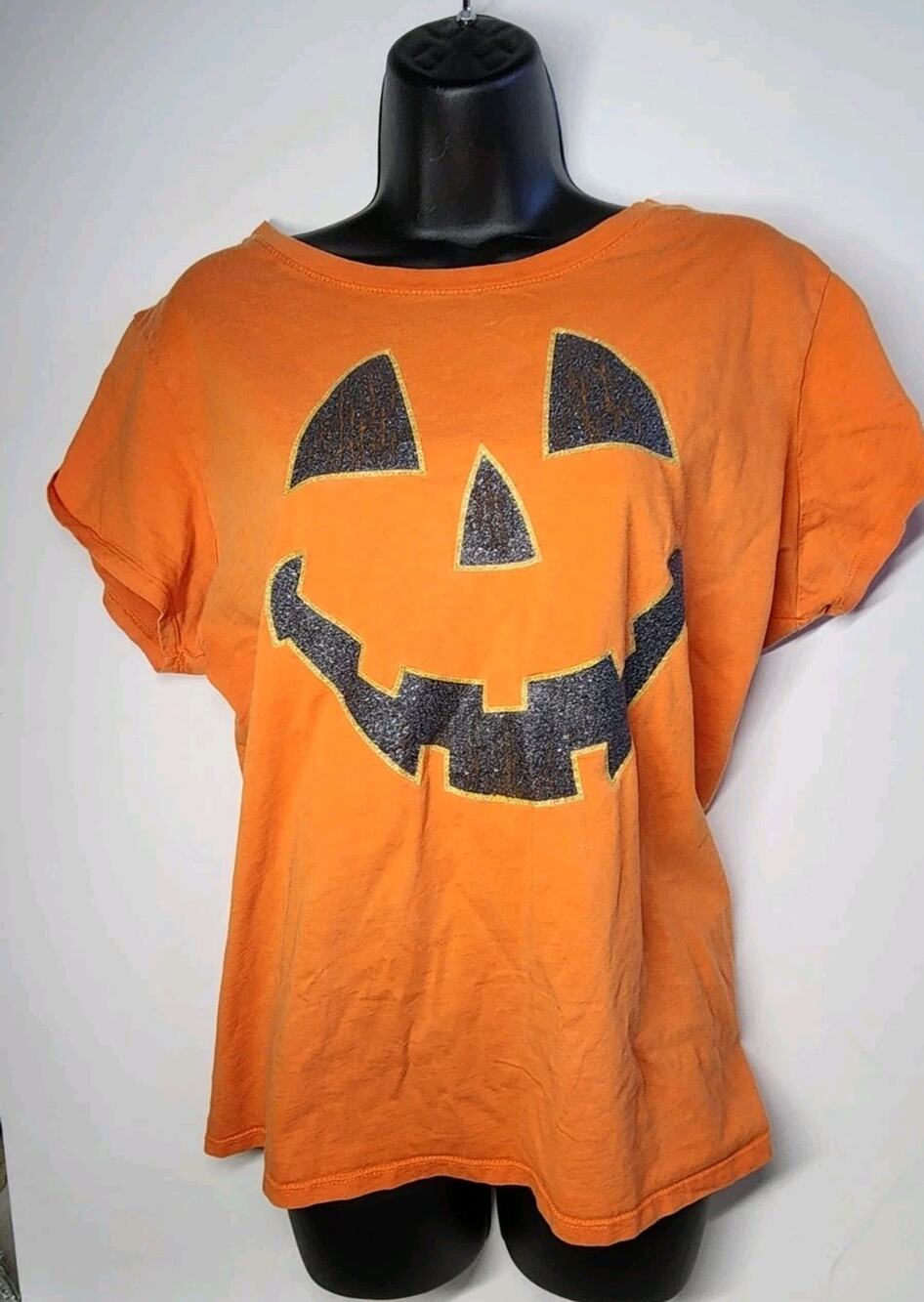 Womens 2x Orange Glitter Jack O' Lantern Pumpkin Smile Face Halloween T-Shirt
